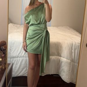 RNWY size small shimmer light green off the shoulder dress